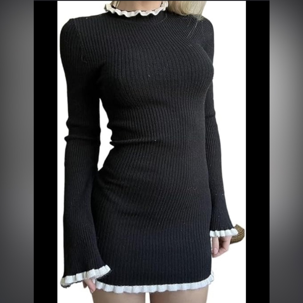 Black and white bell sleeved ribbed mini dress. Size small